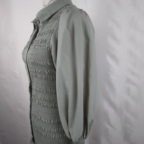 HYFVE | Smocked Balloon Sleeve Button Dress Olive Green Ruffle | Size L - Picture 4 of 9